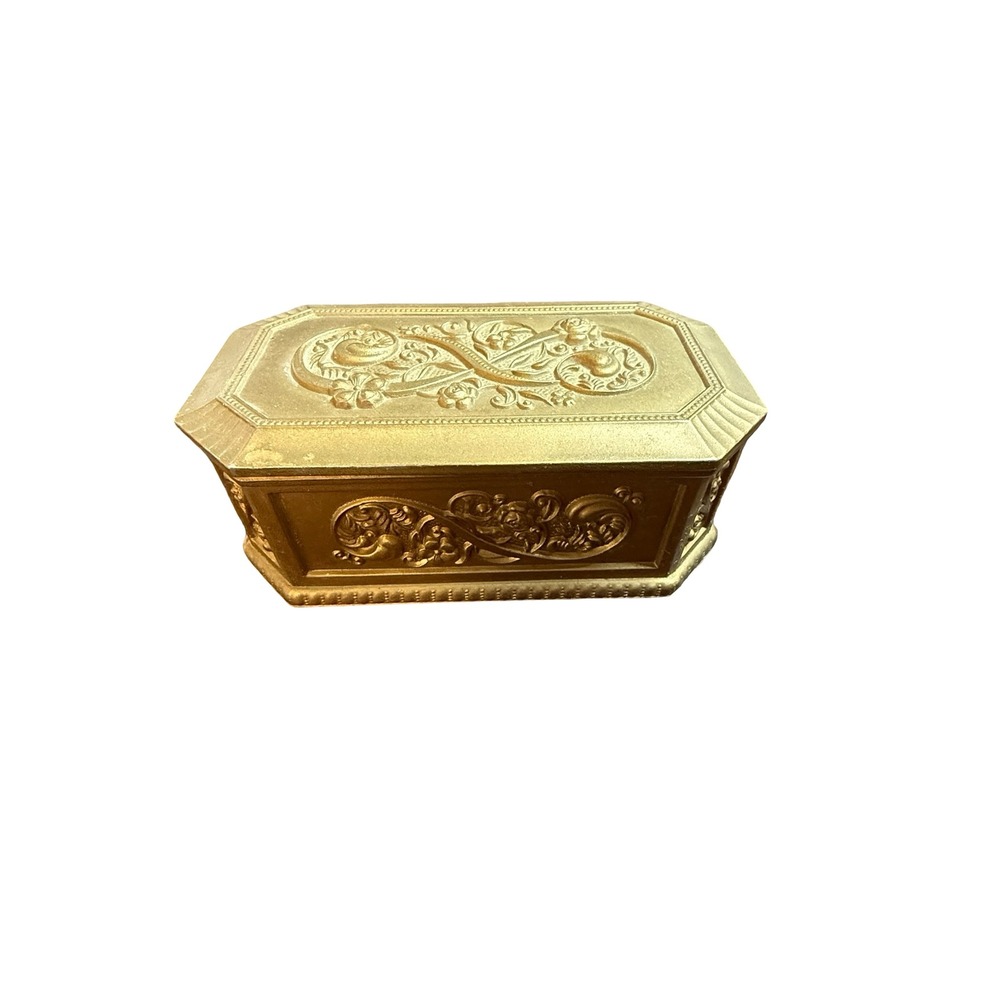 Vintage Gold Brass Floral‎ Embossed Metal Trinket Jewelry Box Red Velvet Coffin